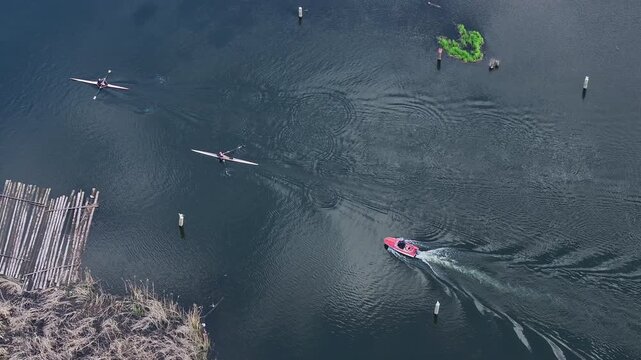 Aerial Bydgoszcz Poland river kayak training. Northern Poland. River Brda inland waterway, tributary Vistula. Kayak course, race, competition and recreation. Boating athlete and exercise.