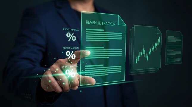 revenue tracker, profit margin, financial growth, business analytics, data visualization, investment dashboard, digital interface and holographic reports for corporate management.