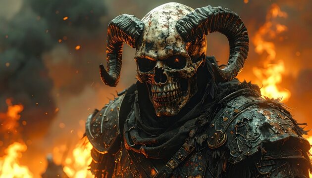 A skull-faced warrior with horns stands amid fire and smoke, armored in dark hues