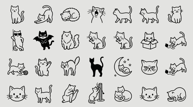 Collection of hand drawn cat doodles and cute feline characters.