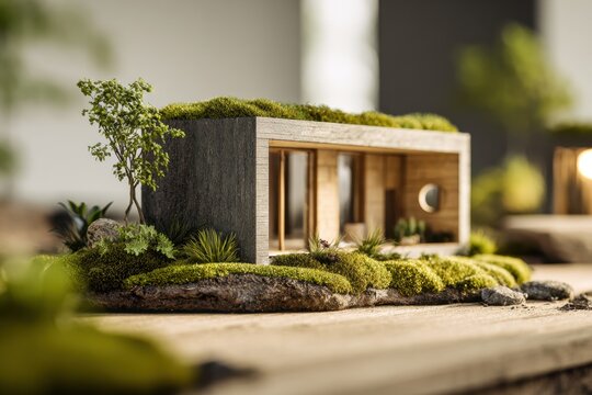 Detailed model of a modern tiny house with green rooftop and lush surrounding plants showcasing sustainable miniature architecture design ideas and landscapes