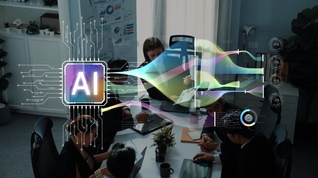 Team members engage in a collaborative meeting focused on artificial intelligence, illustrated through vibrant data visuals, promoting innovation and productivity. Raster