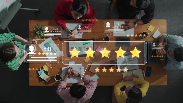 This image captures a team engaged in a strategic meeting, discussing positive customer feedback and high ratings to enhance business solutions and innovative strategies. Raster