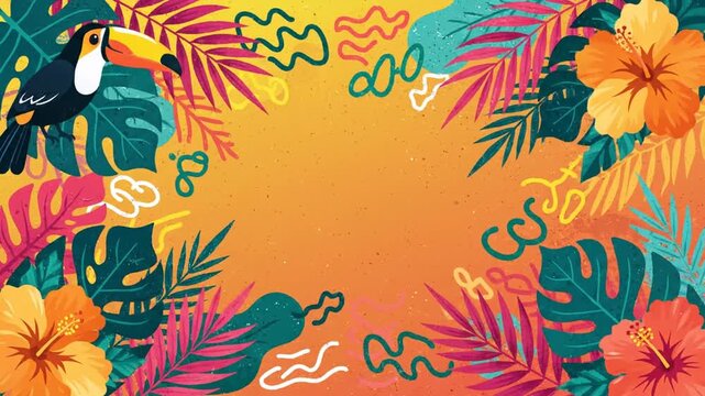 Vivid botanical summer aesthetic doodle illustration banner with abstract artistic shapes, exotic palm foliage, organic texture, and copy space for invitation card design or creative poster.