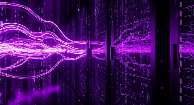 Abstract digital data flow streams through futuristic server racks with glowing purple light and network connections