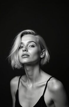Blonde woman with short bob hairstyle wears thin strap tank top. Head tilted back, looking at camera with subtle smile and makeup. Black background contrasts her fair skin and light hair.