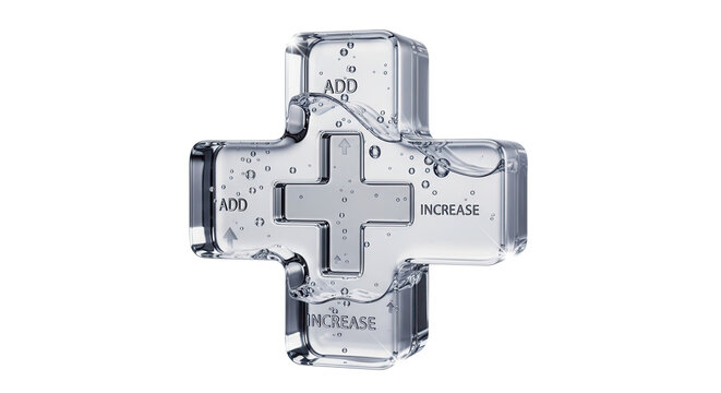 3D Glass plus symbol icon, add create increase and medical cross concept. Transparent liquid Glass icon, glassmorphism icon, crystal clear. 3d illustration.