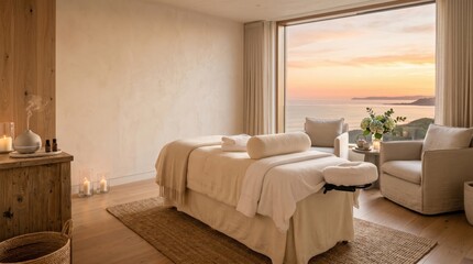 Plakat Spa treatment room with massage table and sea view window
