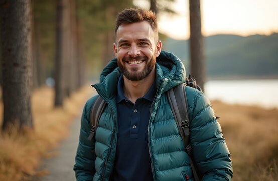 Bearded man smiles warmly wearing puffer jacket and backpack. He walks on path through autumn forest near lake. Male hiker enjoys outdoor adventure, nature exploration, and scenic views.
