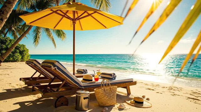 Exotic tropical beach shore with sunbathing accessories and holiday vacation gear resting on white sand near turquoise ocean water under bright summer sunlight for travel advertising.