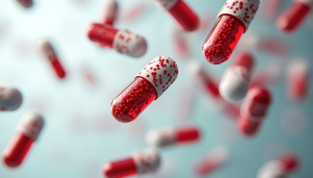 Red and white capsules with small red balls inside float in air. Transparent medication containers drift against soft blue background. Healing and science elements.