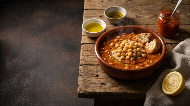 Traditional Tunisian lablabi with chickpeas and bread on rustic table with copy space