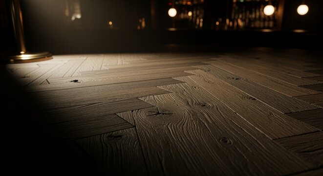 Rustic wood parquet floor with warm bokeh background
