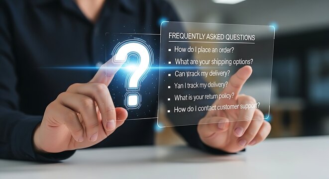 Knowledge base and FAQ. A customer's hands touch a 'question mark' icon that opens a holographic list of 'Frequently Asked Questions' (FAQ).