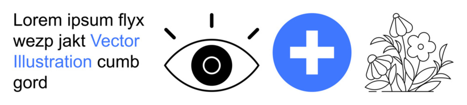 Healthcare, vision, wellness, floral design, medical assistance, symbol concepts. Black outlined eye, blue plus sign and floral illustration. Vision and healthcare clearly