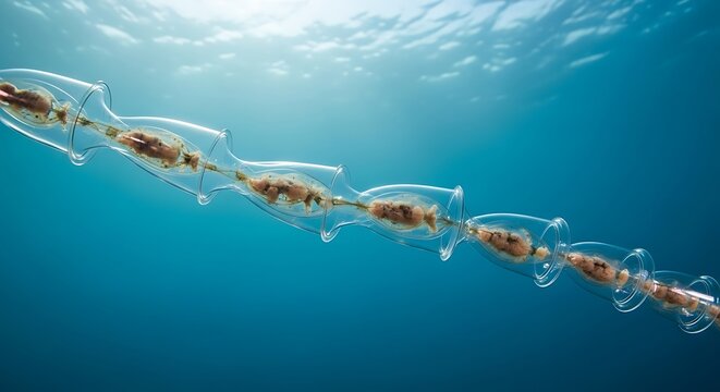 chain of salps floating together in transparent gelatinous tubes