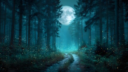 Fototapeta premium Mystical Moonlight Forest Path - A Serene Nighttime Landscape.