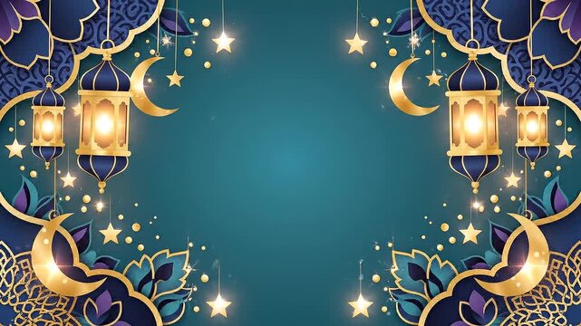 Islamic Ramadan background with golden lanterns and crescent moons