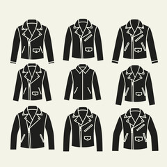 Naklejka premium Collection of Black Leather Biker Jackets, Motorcycle Style Clothing Icons
