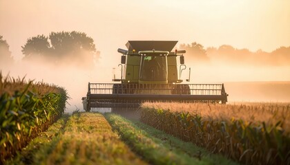 Fototapeta premium Combine Harvester Working in a Misty Field at Sunrise.