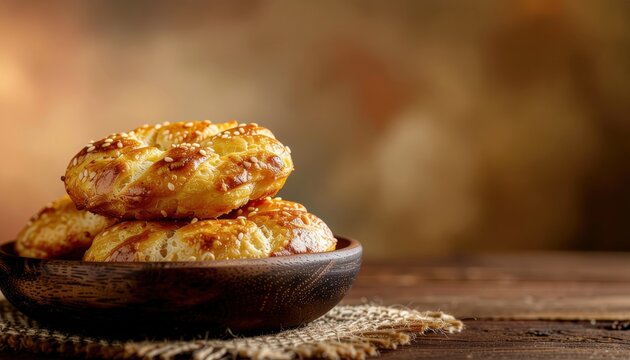 Golden sesame challah buns piled in rustic bowl on wooden surface, warm light