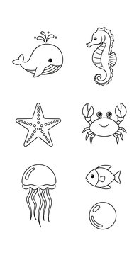 Cute Cartoon Ocean Animals Collection: Whale, Seahorse, Starfish, Crab, Jellyfish, Fish, Pearl