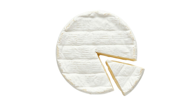 Whole Camembert Cheese with Slice Cut Out, Isolated on White Background