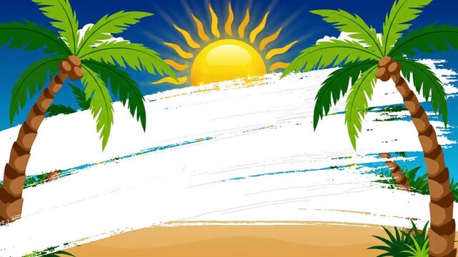 Vibrant summertime background featuring tropical palm trees under a radiant sun with artistic white brush strokes for seasonal graphic design. Illustrative vector of hot sunny exotic days.
