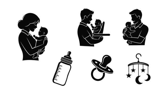 Family Silhouette Icons: Parents Holding Baby, Bottle, Pacifier, Crib Mobile