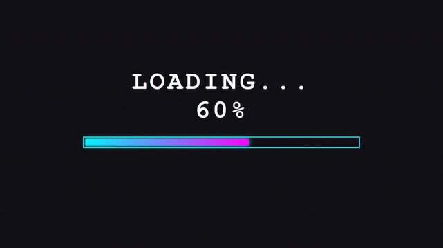 Captivating 4K retro 8 bit video game loading screen animation, featuring a vibrant progress bar indicating system initialization and data processing