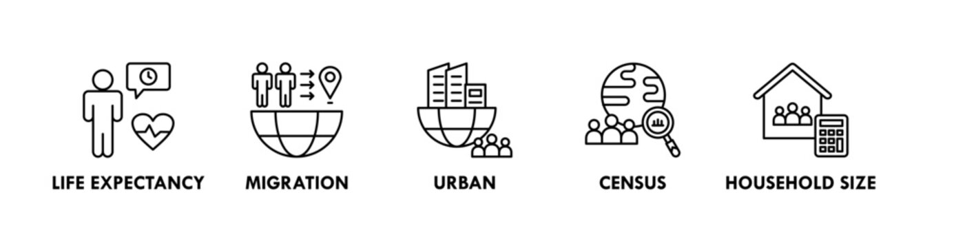 Demography web icon illustration concept with icon of life expectancy, migration, urban, census, and household size