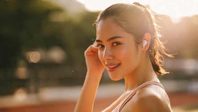 Young woman smiling while adjusting wireless earbuds in golden hour sunlight