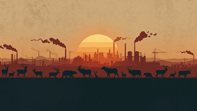夕日に染まる工業地帯を背に野生動物が並ぶ環境問題のイラスト