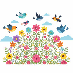 Obraz premium Colorful Birds Flying Over Vibrant Flowers.