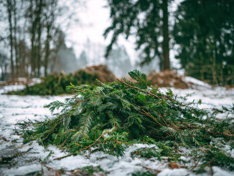 Piles of fresh evergreen branches scattered on a snowy forest floor with blurred trees in the background during a cold winter day