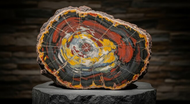 Colorful Petrified Wood Slice with Swirling Agate Patterns