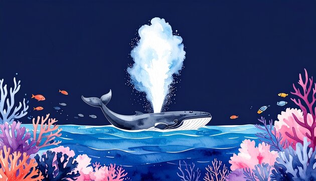 glowing whale spout under moonlight in vibrant coral reef ocean scene