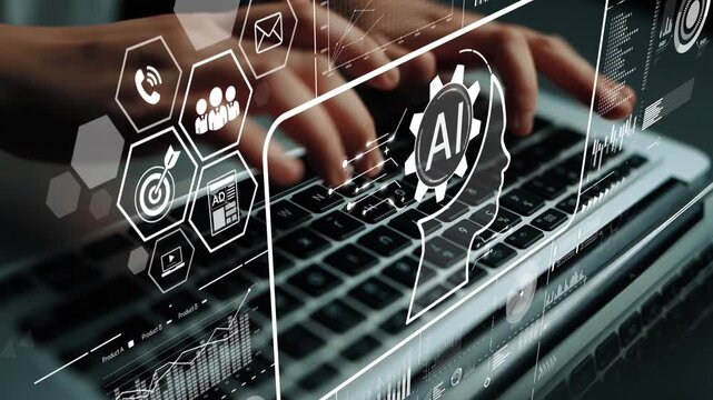 Close-up of hands typing on laptop with digital icons representing artificial intelligence and data analysis technology. Asymptotic smart data analytic.