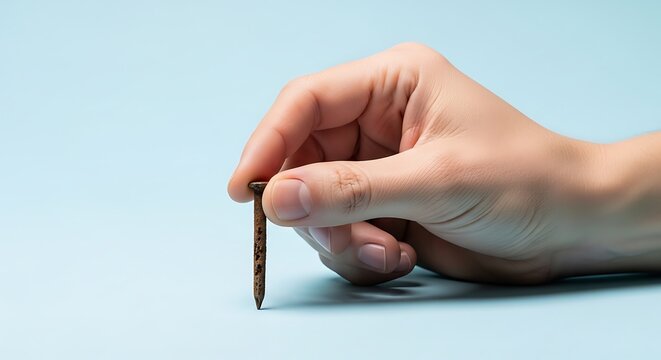 human hand holding a rusty nail