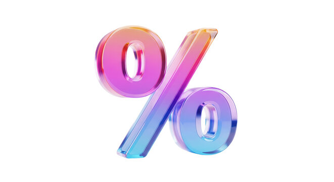 3D percent icon, discount sale symbol. Colorful gradient glass like icon, trending glass holographic icon, for graphic design, UI UX interfaces, 3d render illustration.