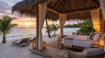 Obraz premium Thatched beach villa bedroom with ocean view at sunset