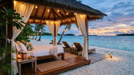 Obraz premium Beachfront cabana bed with curtains and lanterns at sunset