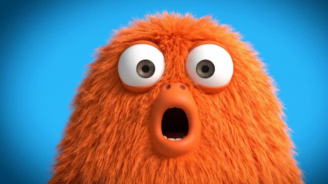Surprised cute orange furry monster cartoon character on blue background. 3D animation.