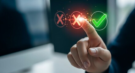 Obraz premium Problem resolution concept. A support agent's hand touches a 'problem' icon (a red X) that transforms into a 'solution' icon (a green checkmark), symbolizing a resolved ticket.