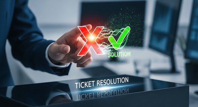 Problem resolution concept. A support agent's hand touches a 'problem' icon (a red X) that transforms into a 'solution' icon (a green checkmark), symbolizing a resolved ticket.