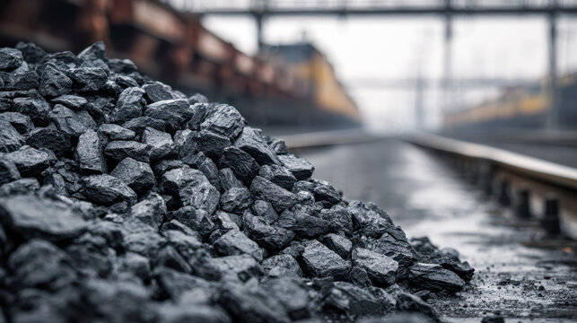 Pile of shiny black coal stones resting beside railway tracks in an industrial train yard on a foggy day with blurred cargo wagons in the background