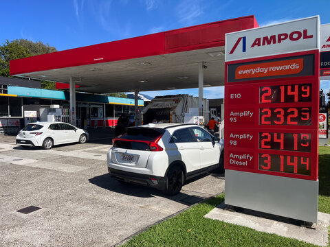 Vehicles fueling at high fuel prices in Australian gas station
