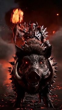 Fierce orc warrior riding armored war boar with glowing hammer in volcanic hellscape, epic fantasy battle concept