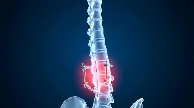 Human spinal column with metal implant fusion on blue background, detailed vertebrae alignment, medical radiography illustrating back pain treatment, orthopedic surgery concept, 4K video
