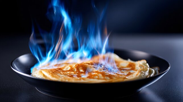 crepe Suzette flaming with orange liqueur, dramatic blue flames, elegant French restaurant setting, cinematic food photography